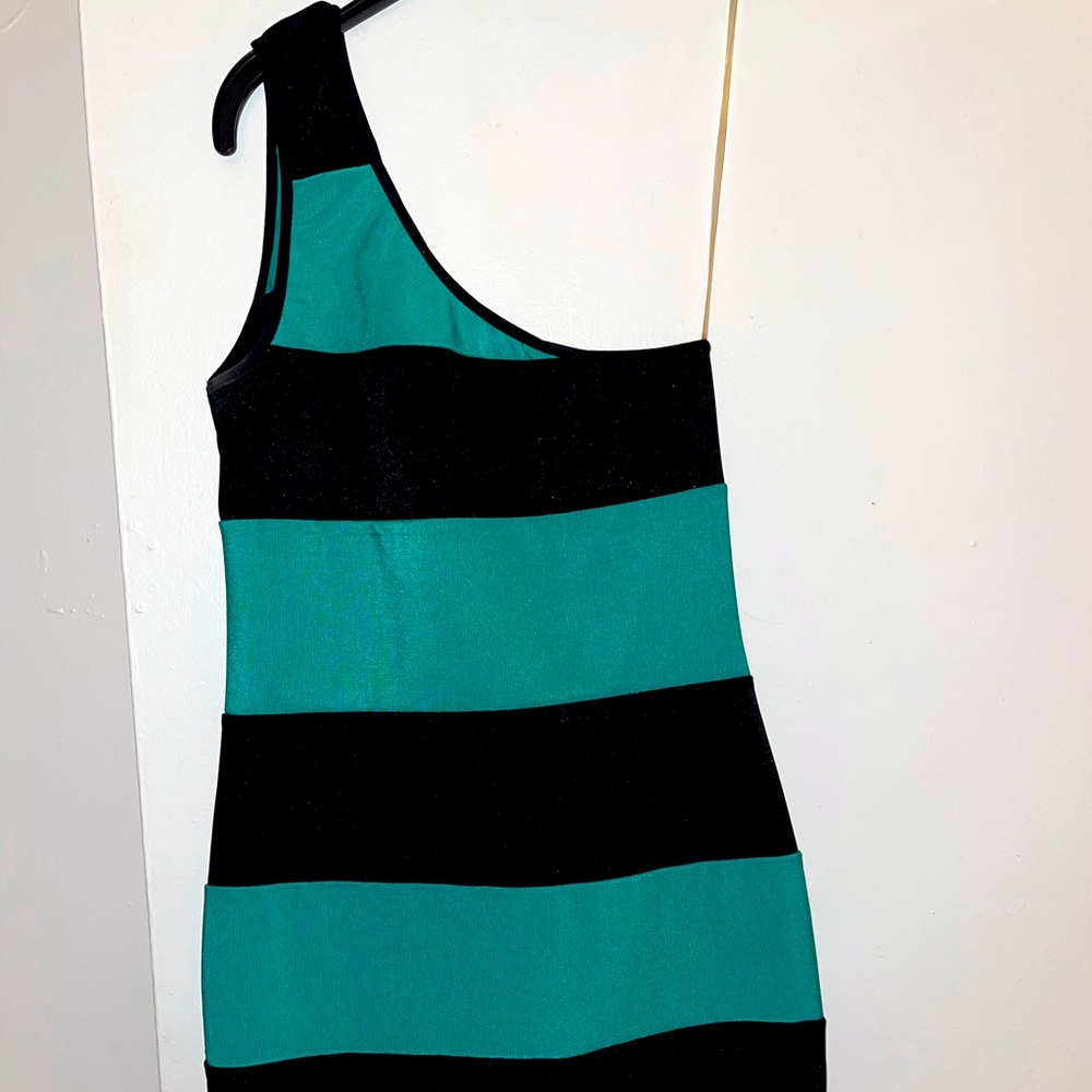 Green/Black striped, one shoulder mini dress